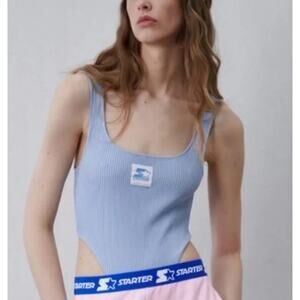 Zara X Starter Blue Ribbed High Waist Sleeveless Knit Bodysuit Women's Large